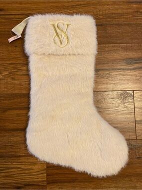 NEW Victoria’s Secret Christmas Stocking Exclusive White Faux Fur Gold Lettering